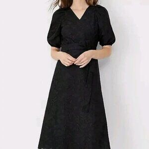 Ann Taylor Black Floral Jacquard Wrap Midi Dress – Puff Sleeve A-Line (NWT)
